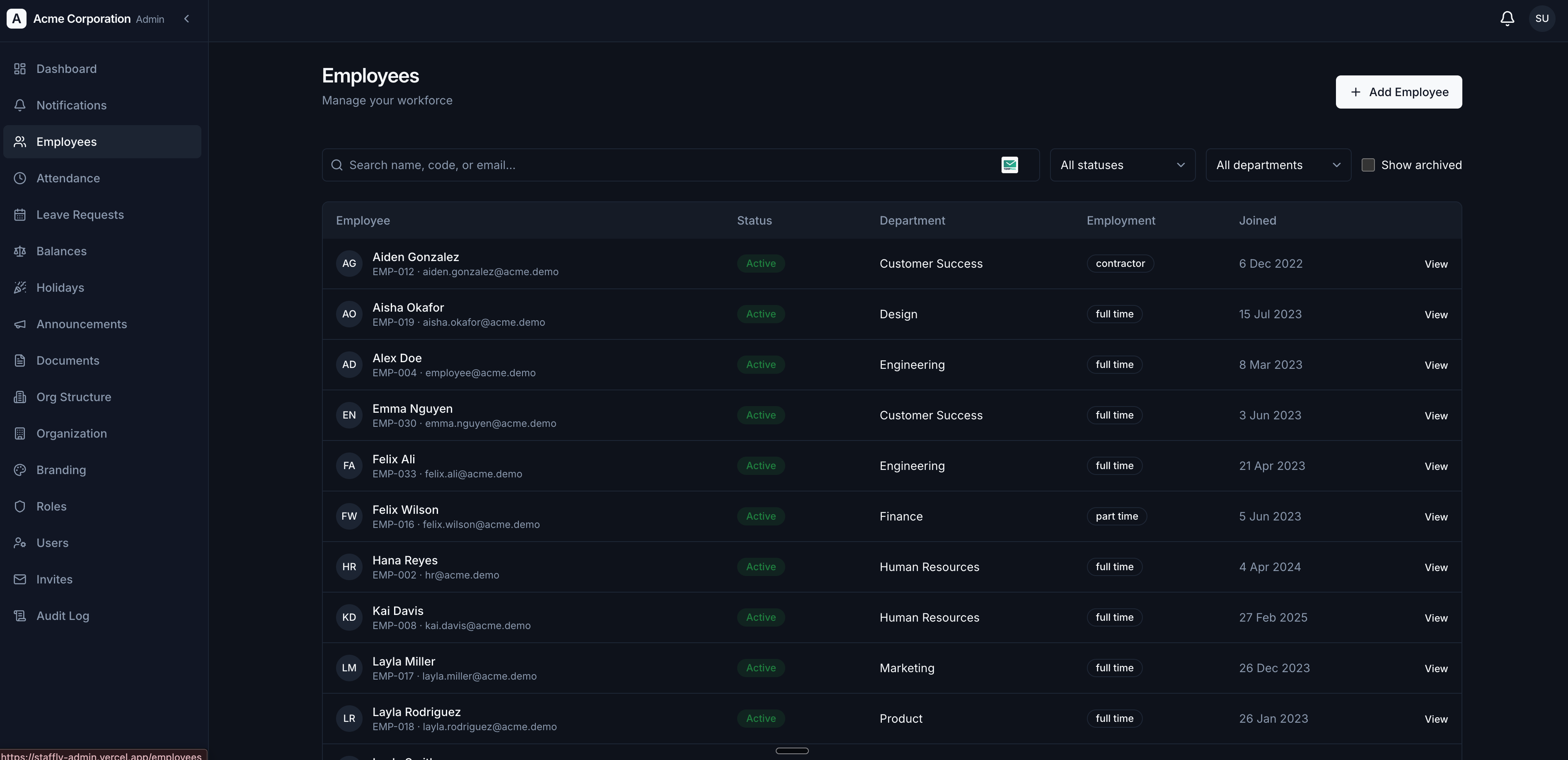 Staffly dashboard screen